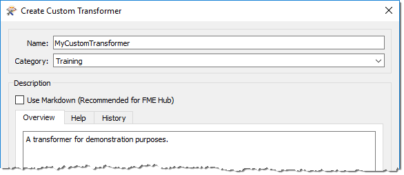 Create Custom Transformer dialog